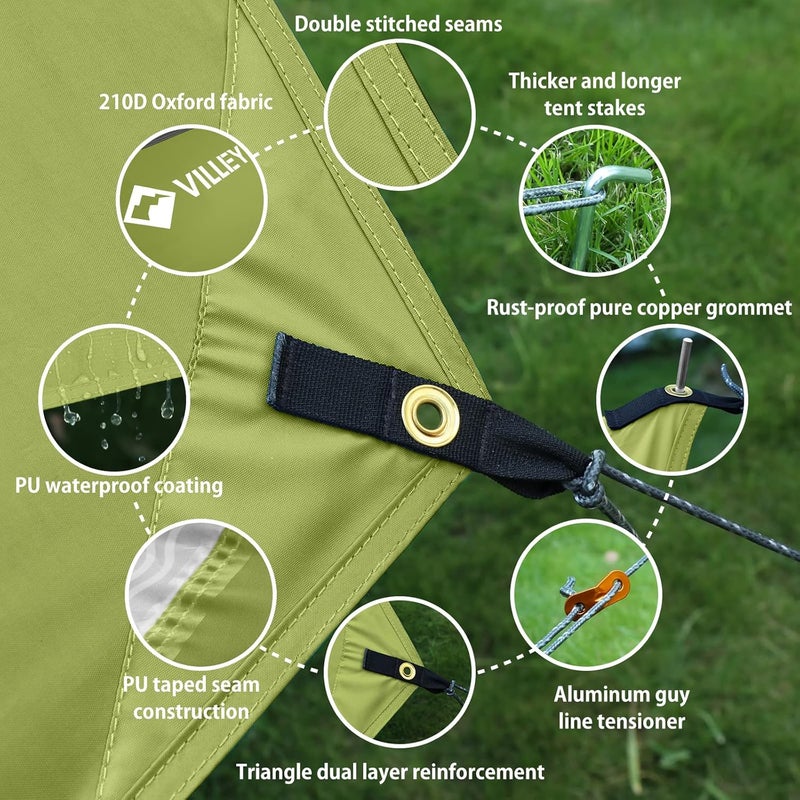 VILLEY Hammock Tent Rain Fly, Octagonal Waterproof Camping Tarp, Sun Shelter for Camping, Backpacking, Hiking, Accessory Includes Stakes, Ropes and Carry Bag (Green) - Image 2